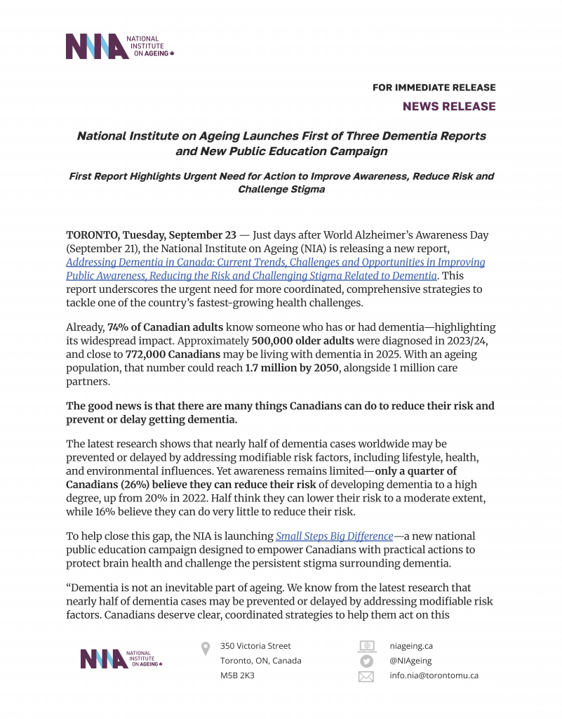 National Institute on Ageing Launches First of Three Dementia Reports and New Public Education Campaign Media Release Cover